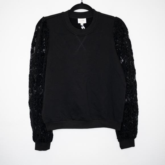 Cami NYC Risa Sweatshirt Black Velvet Lace Sleeves Puff Shoulder SZ M NWT - Picture 4 of 9